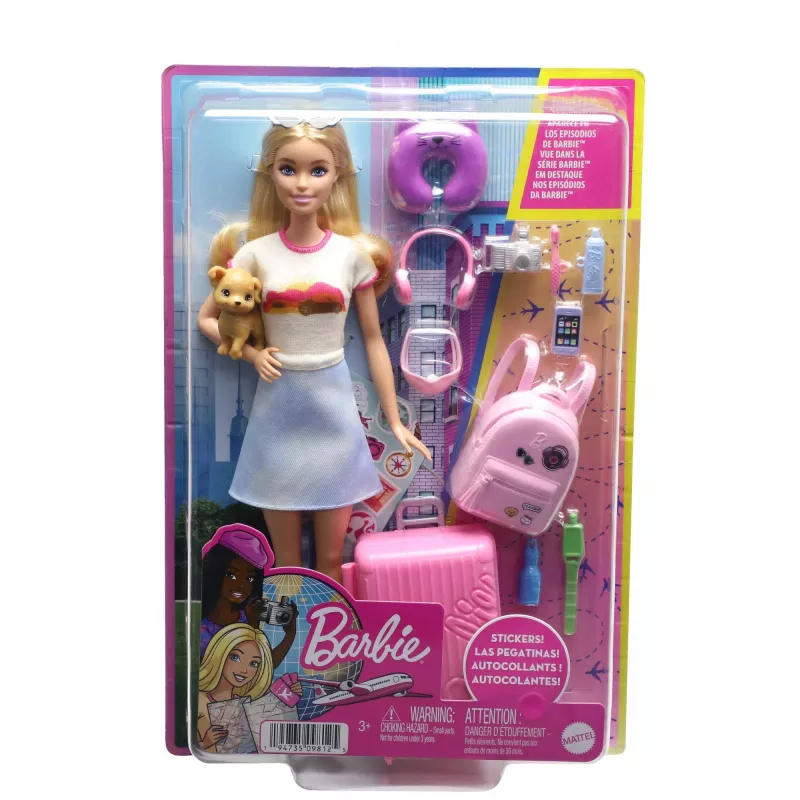 Barbie Dreamhouse Adventures nukk ja tarvikud, „Malibu“ reisikomplekt kutsika ja enam kui 10 osaga, sealhulgas töötav kohver