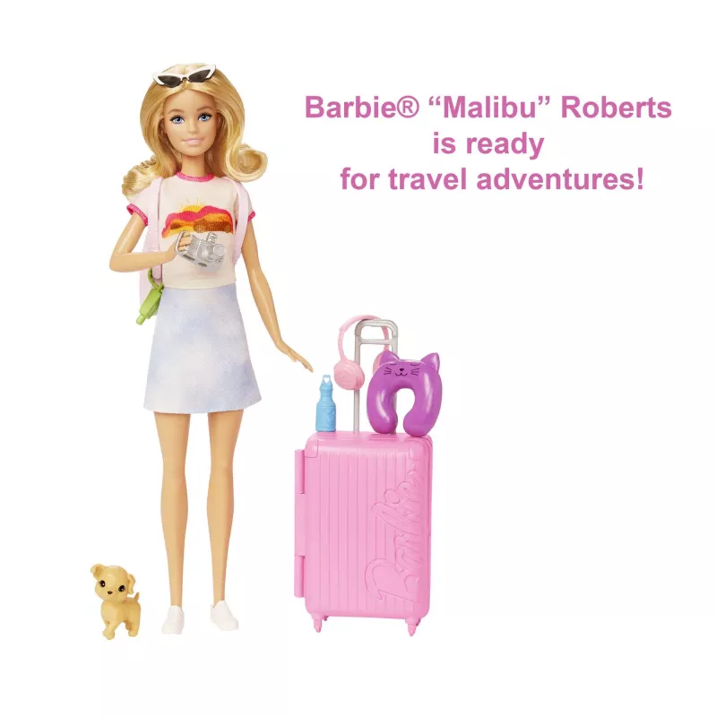 Barbie Dreamhouse Adventures nukk ja tarvikud, „Malibu“ reisikomplekt kutsika ja enam kui 10 osaga, sealhulgas töötav kohver