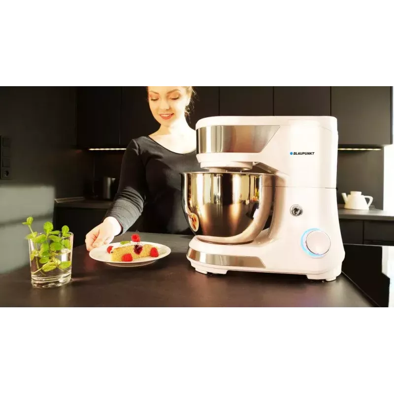 Stand mixer BLAUPUNKT SMM501 — 5 L roostevaba terasest kauss, 1000 W, kallutatav pea, pöördnuppjuhtimine, valge