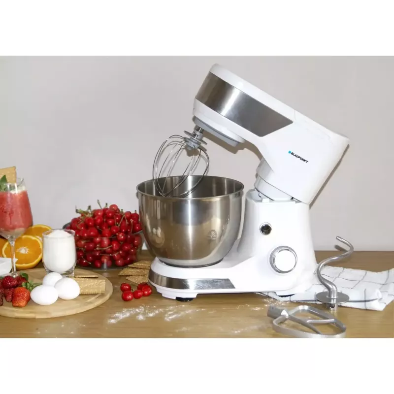Stand mixer BLAUPUNKT SMM501 — 5 L roostevaba terasest kauss, 1000 W, kallutatav pea, pöördnuppjuhtimine, valge