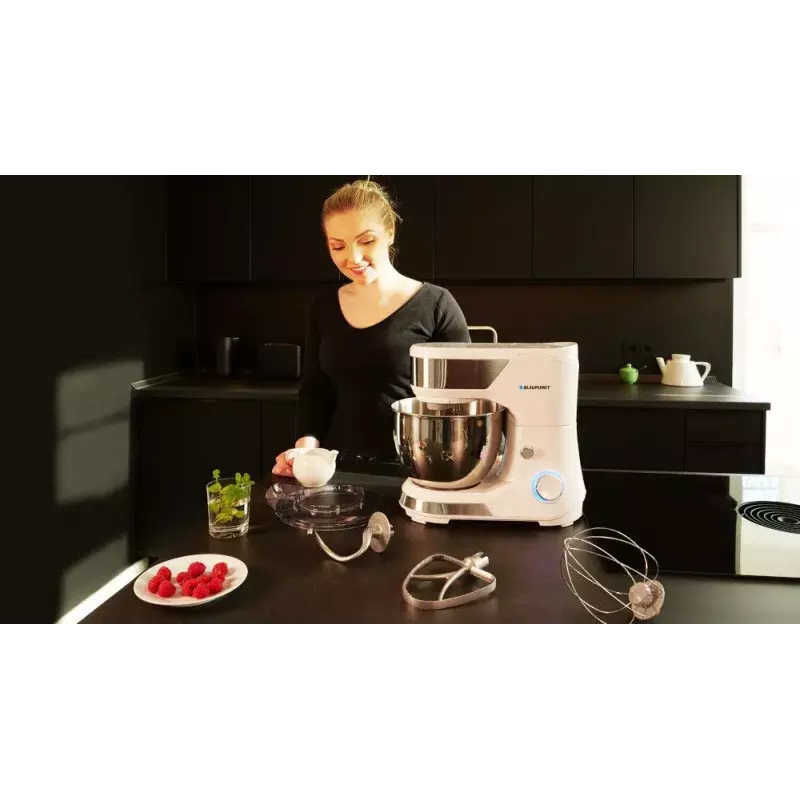 Stand mixer BLAUPUNKT SMM501 — 5 L roostevaba terasest kauss, 1000 W, kallutatav pea, pöördnuppjuhtimine, valge