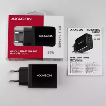 Axagon ACU-QS24 QUICK ja SMART seinadapter, 2x USB-port QC3.0/AFC/FCP + 5V-1,2A, 24W