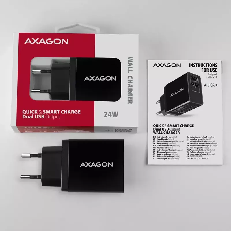 Axagon ACU-QS24 QUICK ja SMART seinadapter, 2x USB-port QC3.0/AFC/FCP + 5V-1,2A, 24W