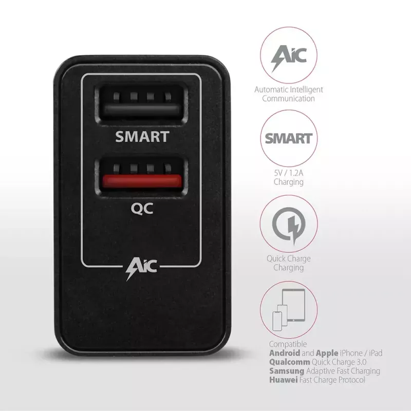 Axagon ACU-QS24 QUICK ja SMART seinadapter, 2x USB-port QC3.0/AFC/FCP + 5V-1,2A, 24W