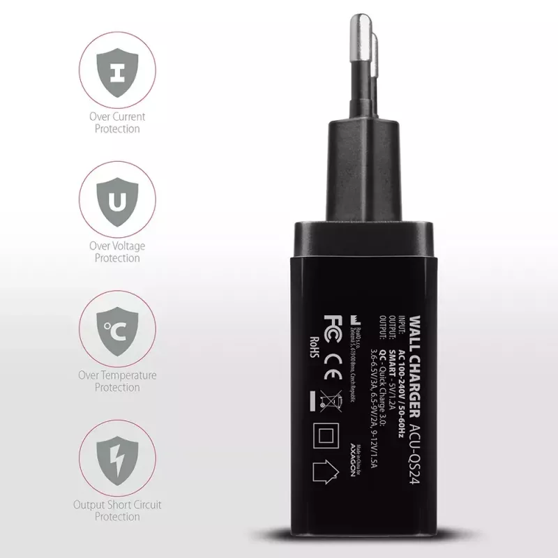 Axagon ACU-QS24 QUICK ja SMART seinadapter, 2x USB-port QC3.0/AFC/FCP + 5V-1,2A, 24W