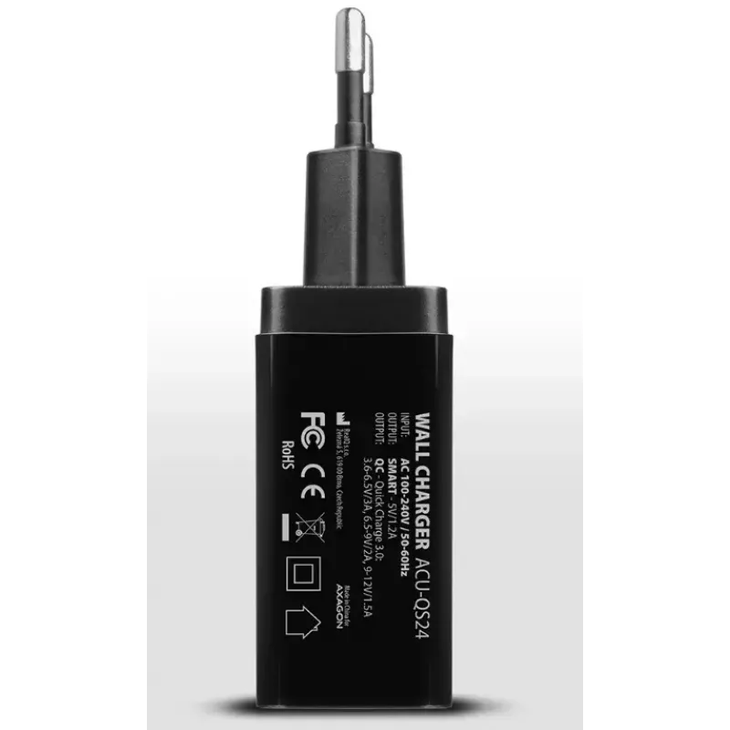 Axagon ACU-QS24 QUICK ja SMART seinadapter, 2x USB-port QC3.0/AFC/FCP + 5V-1,2A, 24W