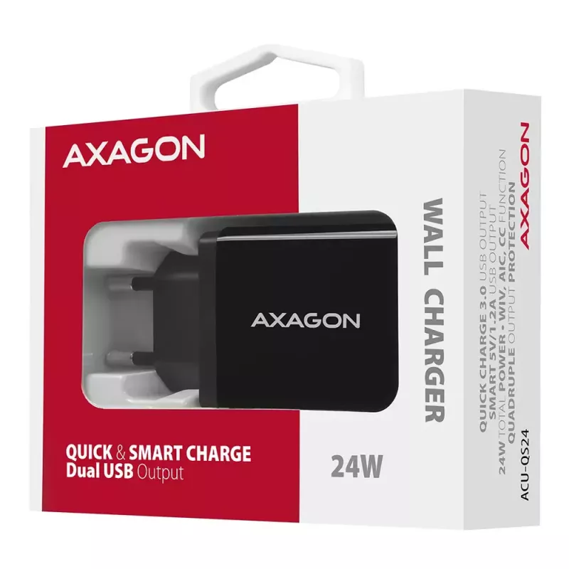 Axagon ACU-QS24 QUICK ja SMART seinadapter, 2x USB-port QC3.0/AFC/FCP + 5V-1,2A, 24W