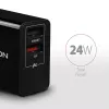Axagon ACU-QS24 QUICK ja SMART seinadapter, 2x USB-port QC3.0/AFC/FCP + 5V-1,2A, 24W