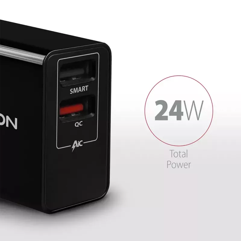 Axagon ACU-QS24 QUICK ja SMART seinadapter, 2x USB-port QC3.0/AFC/FCP + 5V-1,2A, 24W