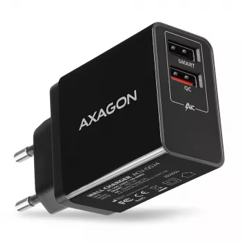 Axagon ACU-QS24 QUICK ja SMART seinadapter, 2x USB-port QC3.0/AFC/FCP + 5V-1,2A, 24W
