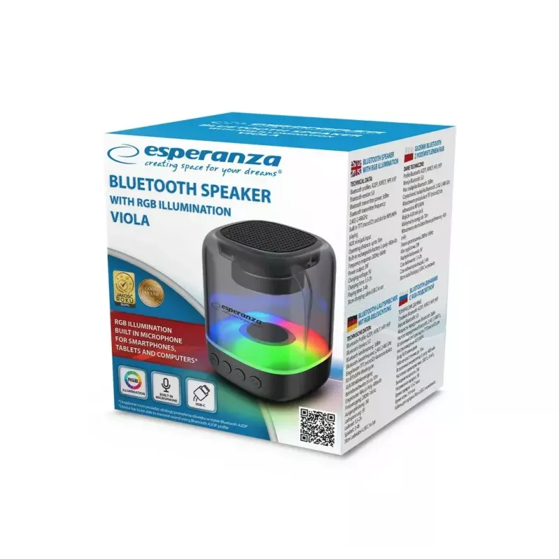 Portable speaker ESPERANZA EP154, 3W RMS, Bluetooth 5.0, MicroSD, FM, 4 h playtime, Must