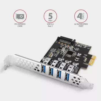 “Axagon PCEU-43RS” PCIe kaart - 4x USB 5 Gbps port, topelt toide, “Renesas PD720201”, SP ja LP