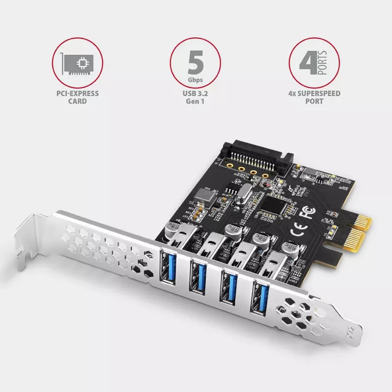 “Axagon PCEU-43RS” PCIe kaart - 4x USB 5 Gbps port, topelt toide, “Renesas PD720201”, SP ja LP