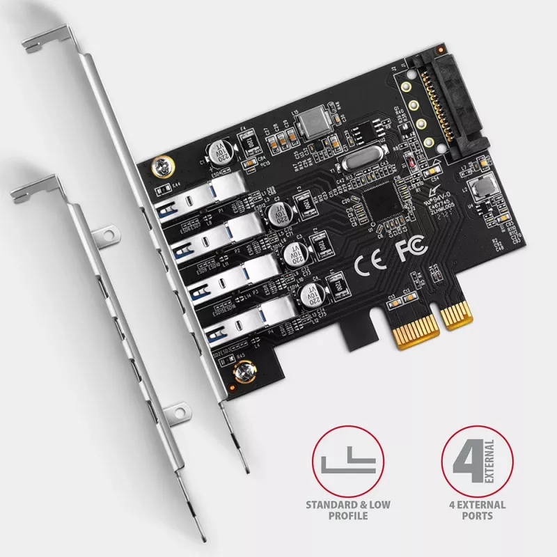 “Axagon PCEU-43RS” PCIe kaart - 4x USB 5 Gbps port, topelt toide, “Renesas PD720201”, SP ja LP