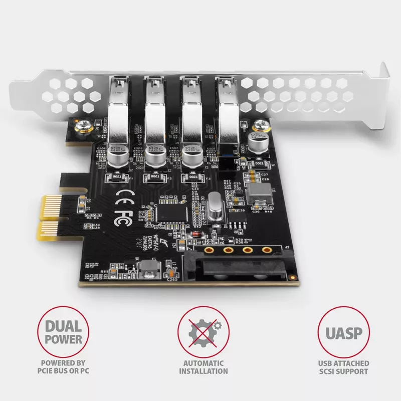 “Axagon PCEU-43RS” PCIe kaart - 4x USB 5 Gbps port, topelt toide, “Renesas PD720201”, SP ja LP