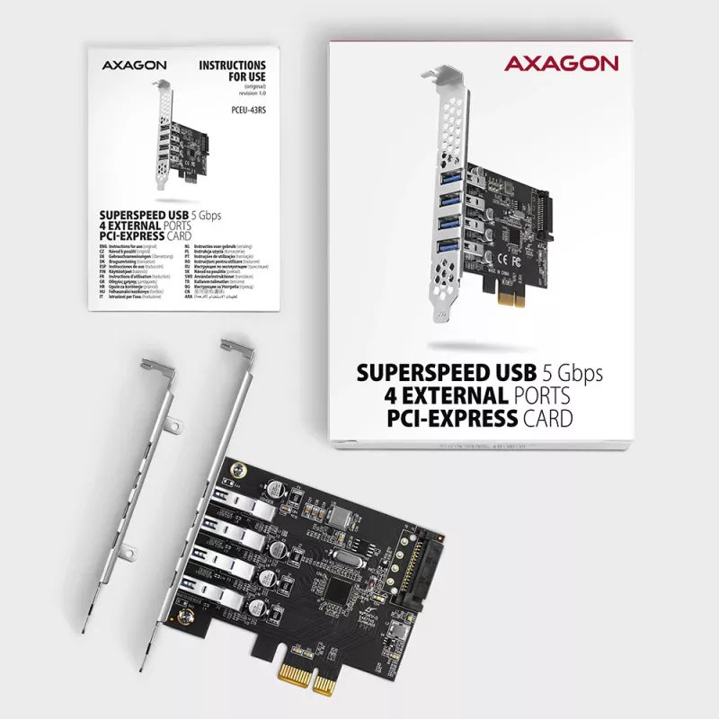 “Axagon PCEU-43RS” PCIe kaart - 4x USB 5 Gbps port, topelt toide, “Renesas PD720201”, SP ja LP