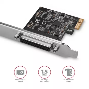 Axagon PCEA-P1N PCIe - 1x paralleelport adapter SP & LP-ga, PCIe, paralleel, emane, täiskõrgus / madalprofiil, PCIe 2.0, Hiina