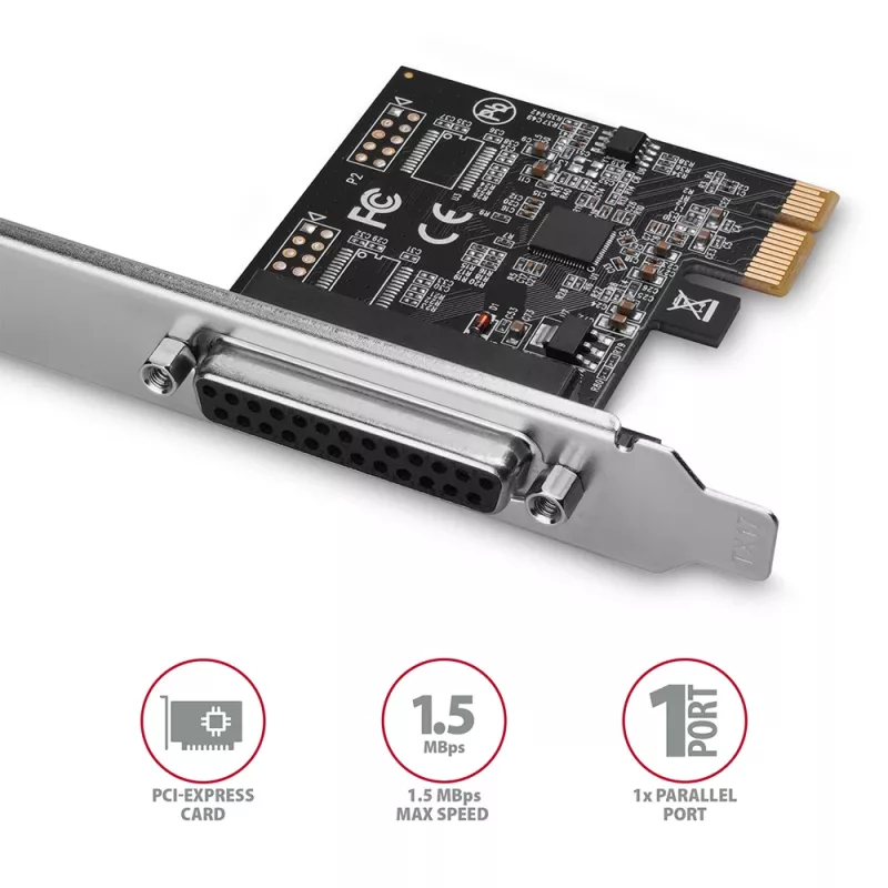 Axagon PCEA-P1N PCIe - 1x paralleelport adapter SP & LP-ga, PCIe, paralleel, emane, täiskõrgus / madalprofiil, PCIe 2.0, Hiina