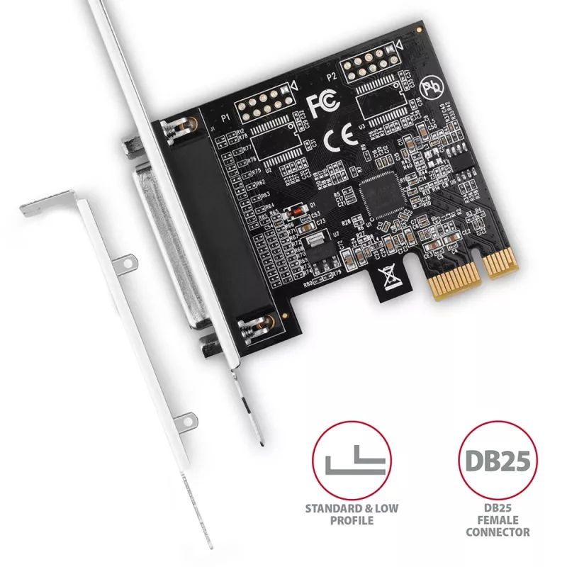 Axagon PCEA-P1N PCIe - 1x paralleelport adapter SP & LP-ga, PCIe, paralleel, emane, täiskõrgus / madalprofiil, PCIe 2.0, Hiina