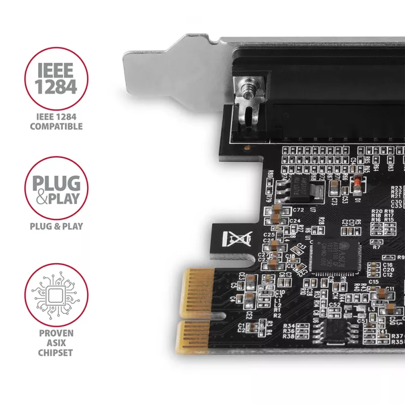 Axagon PCEA-P1N PCIe - 1x paralleelport adapter SP & LP-ga, PCIe, paralleel, emane, täiskõrgus / madalprofiil, PCIe 2.0, Hiina