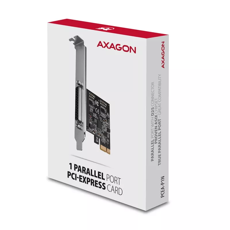 Axagon PCEA-P1N PCIe - 1x paralleelport adapter SP & LP-ga, PCIe, paralleel, emane, täiskõrgus / madalprofiil, PCIe 2.0, Hiina