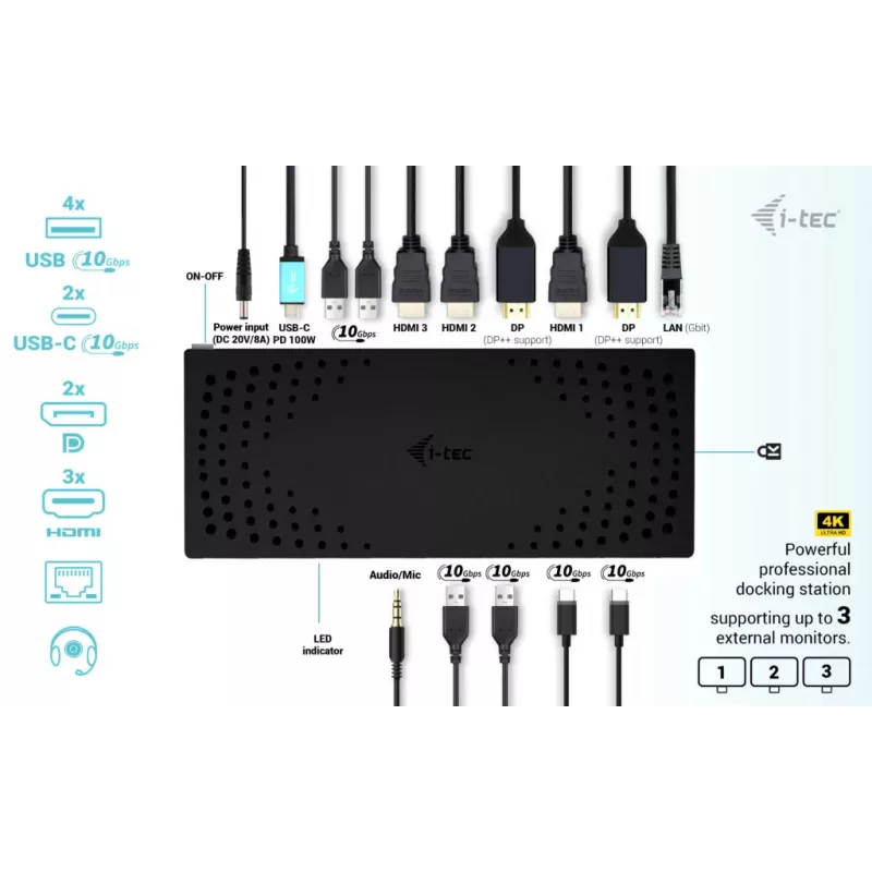 i-tec USB 3.0 / USB-C / Thunderbolt, 3x 4K dokkimisjaam Gen 2 + Power Delivery 100W
