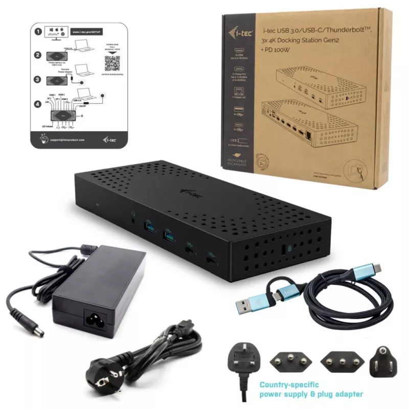i-tec USB 3.0 / USB-C / Thunderbolt, 3x 4K dokkimisjaam Gen 2 + Power Delivery 100W