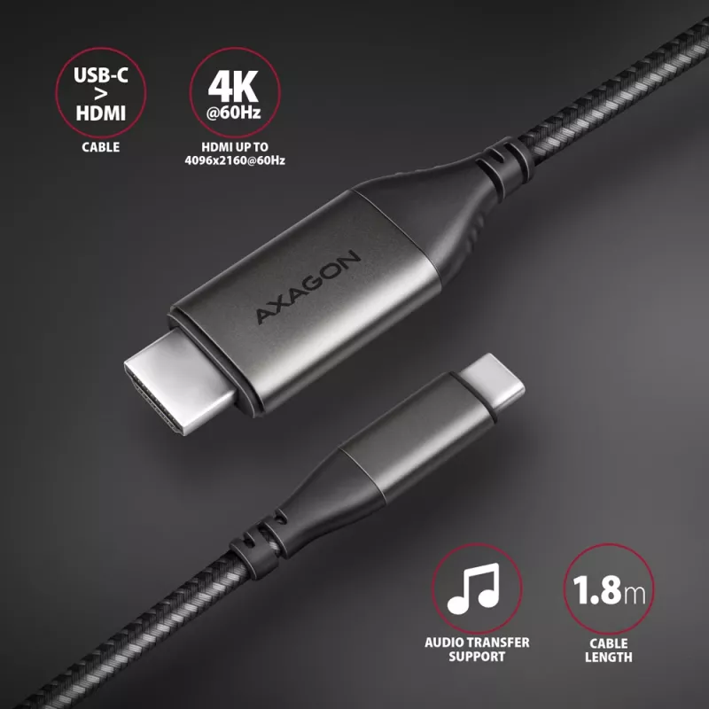 Axagon RVC-HI2MC USB-C -> HDMI 2.0a kaabel 1,8 m, 4K/60Hz HDR10