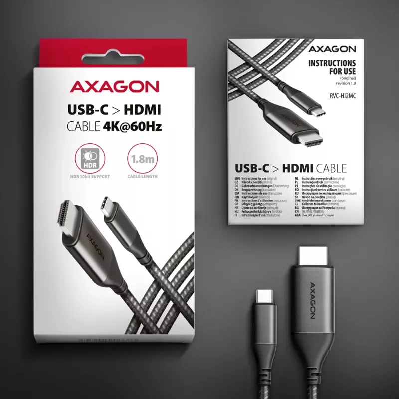 Axagon RVC-HI2MC USB-C -> HDMI 2.0a kaabel 1,8 m, 4K/60Hz HDR10