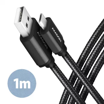 Axagon BUMM-AM10AB HQ kaabel Micro USB <-> USB-A, 1m, USB 2.0, 2.4A, ALU, punutud, must