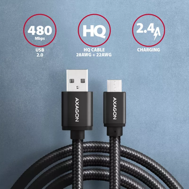 Axagon BUMM-AM10AB HQ kaabel Micro USB <-> USB-A, 1m, USB 2.0, 2.4A, ALU, punutud, must