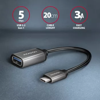 Axagon RUCM-AFAC kaabli adapter USB-C (M) -> USB-A (F), 20cm, USB 3.2 Gen 1, 3A, ALU