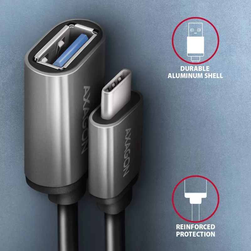 Axagon RUCM-AFAC kaabli adapter USB-C (M) -> USB-A (F), 20cm, USB 3.2 Gen 1, 3A, ALU