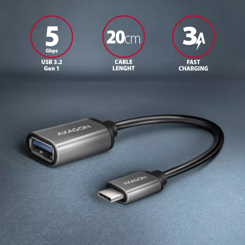 Axagon RUCM-AFAC kaabli adapter USB-C (M) -> USB-A (F), 20cm, USB 3.2 Gen 1, 3A, ALU