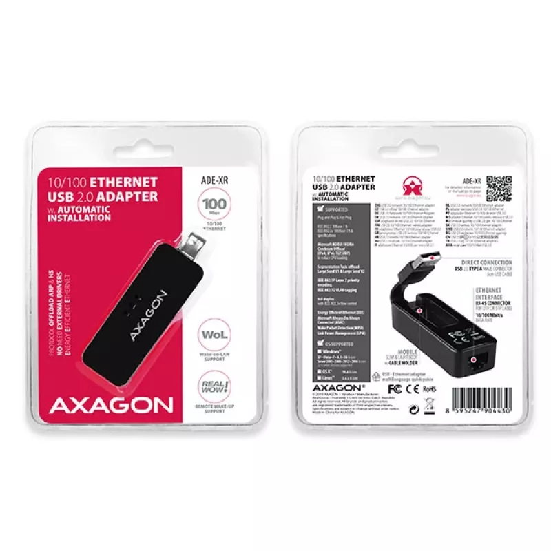 AXAGON ADE-XR USB 2.0 Type-A - Fast Ethernet 10/100 adapter, RJ-45, Realtek RTL8152, must, 23 g