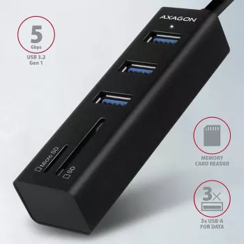 Axagon HMA-CR3A Metallist USB 3.2 Gen 1 mitme pordiga jaotur kolme USB-pordi ja kaardilugejaga
