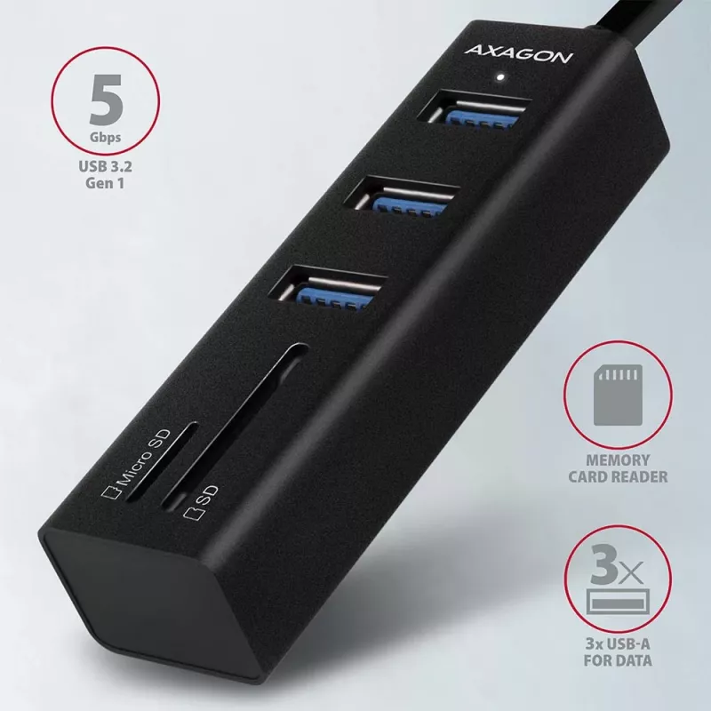 Axagon HMA-CR3A Metallist USB 3.2 Gen 1 mitme pordiga jaotur kolme USB-pordi ja kaardilugejaga