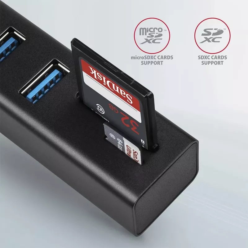 Axagon HMA-CR3A Metallist USB 3.2 Gen 1 mitme pordiga jaotur kolme USB-pordi ja kaardilugejaga