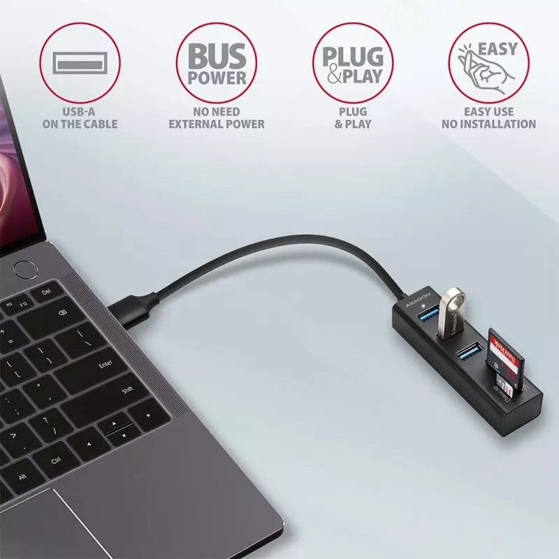 Axagon HMA-CR3A Metallist USB 3.2 Gen 1 mitme pordiga jaotur kolme USB-pordi ja kaardilugejaga