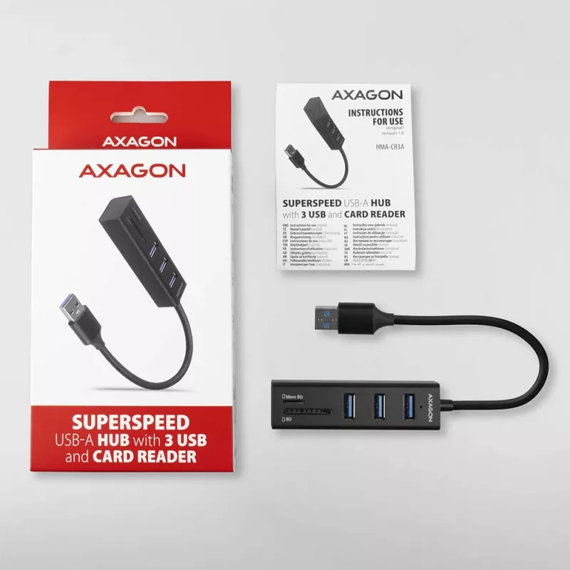 Axagon HMA-CR3A Metallist USB 3.2 Gen 1 mitme pordiga jaotur kolme USB-pordi ja kaardilugejaga