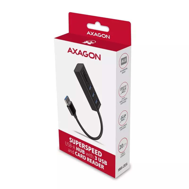 Axagon HMA-CR3A Metallist USB 3.2 Gen 1 mitme pordiga jaotur kolme USB-pordi ja kaardilugejaga