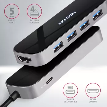 Axagon HMC-6H4A USB 3.2 Gen 1 jaotur, 4x USB-A, HDMI 4k/30Hz, PD 100W, 20 cm USB-C kaabel