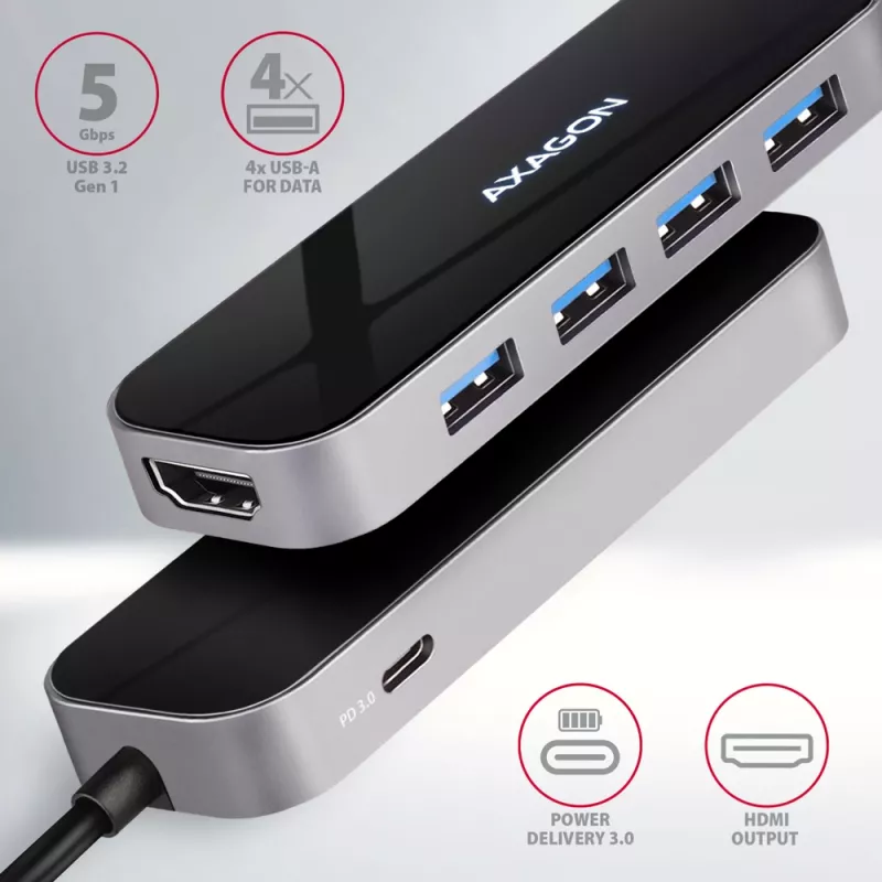 Axagon HMC-6H4A USB 3.2 Gen 1 jaotur, 4x USB-A, HDMI 4k/30Hz, PD 100W, 20 cm USB-C kaabel