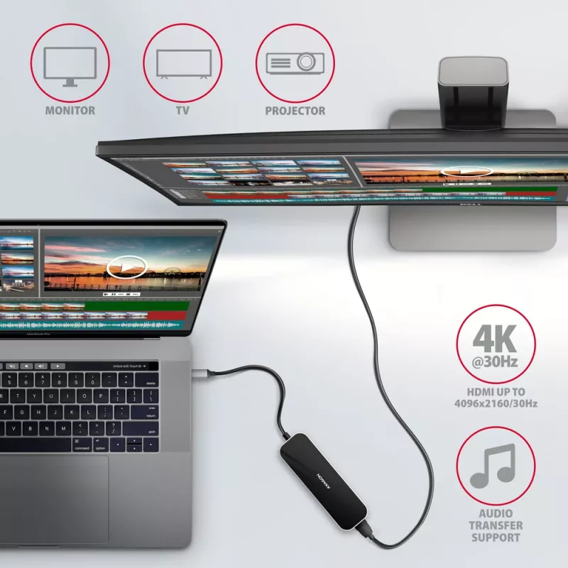 Axagon HMC-6H4A USB 3.2 Gen 1 jaotur, 4x USB-A, HDMI 4k/30Hz, PD 100W, 20 cm USB-C kaabel