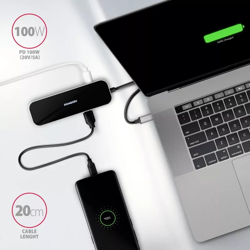Axagon HMC-6H4A USB 3.2 Gen 1 jaotur, 4x USB-A, HDMI 4k/30Hz, PD 100W, 20 cm USB-C kaabel