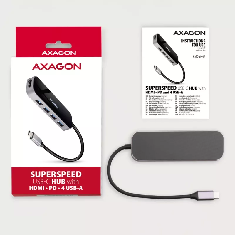 Axagon HMC-6H4A USB 3.2 Gen 1 jaotur, 4x USB-A, HDMI 4k/30Hz, PD 100W, 20 cm USB-C kaabel
