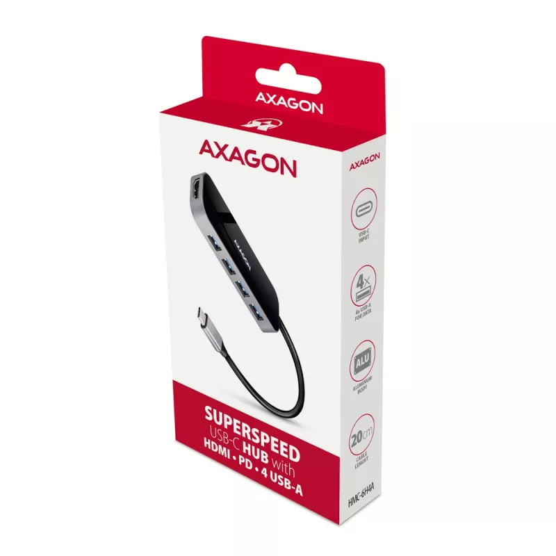 Axagon HMC-6H4A USB 3.2 Gen 1 jaotur, 4x USB-A, HDMI 4k/30Hz, PD 100W, 20 cm USB-C kaabel