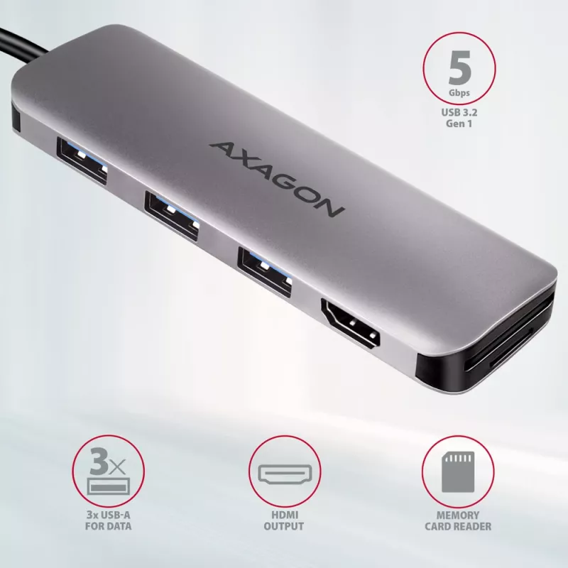 Axagon HMC-HCR3A 3x USB-A+ HDMI+ SD/microSD USB-C 3.2 Gen 1 jaotur 20 cm juhtmega USB 3.2 Gen 1 (3.1 Gen 1) Type-C hall