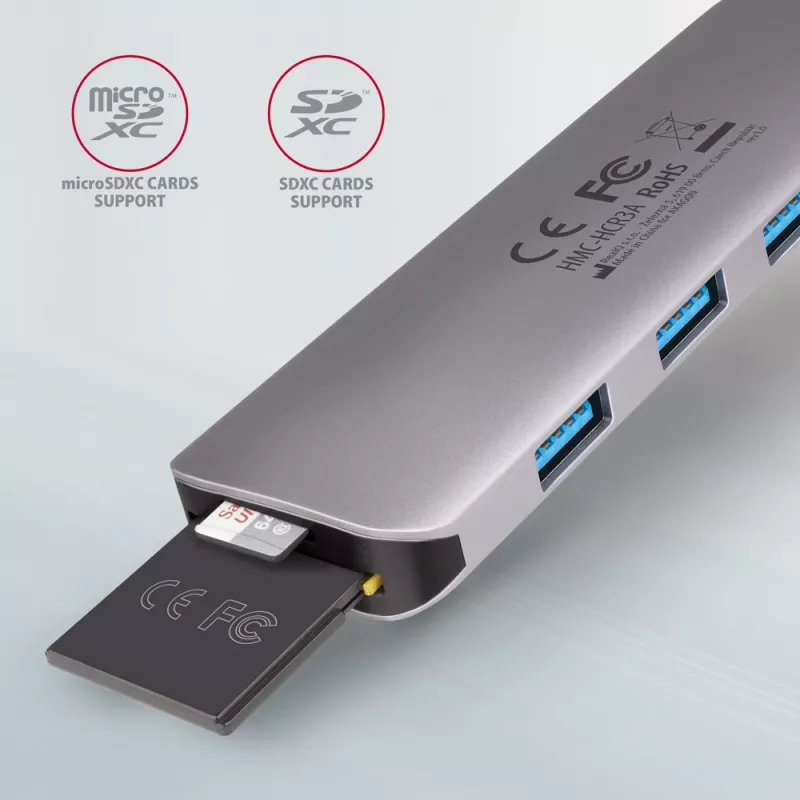 Axagon HMC-HCR3A 3x USB-A+ HDMI+ SD/microSD USB-C 3.2 Gen 1 jaotur 20 cm juhtmega USB 3.2 Gen 1 (3.1 Gen 1) Type-C hall