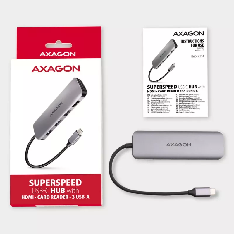 Axagon HMC-HCR3A 3x USB-A+ HDMI+ SD/microSD USB-C 3.2 Gen 1 jaotur 20 cm juhtmega USB 3.2 Gen 1 (3.1 Gen 1) Type-C hall